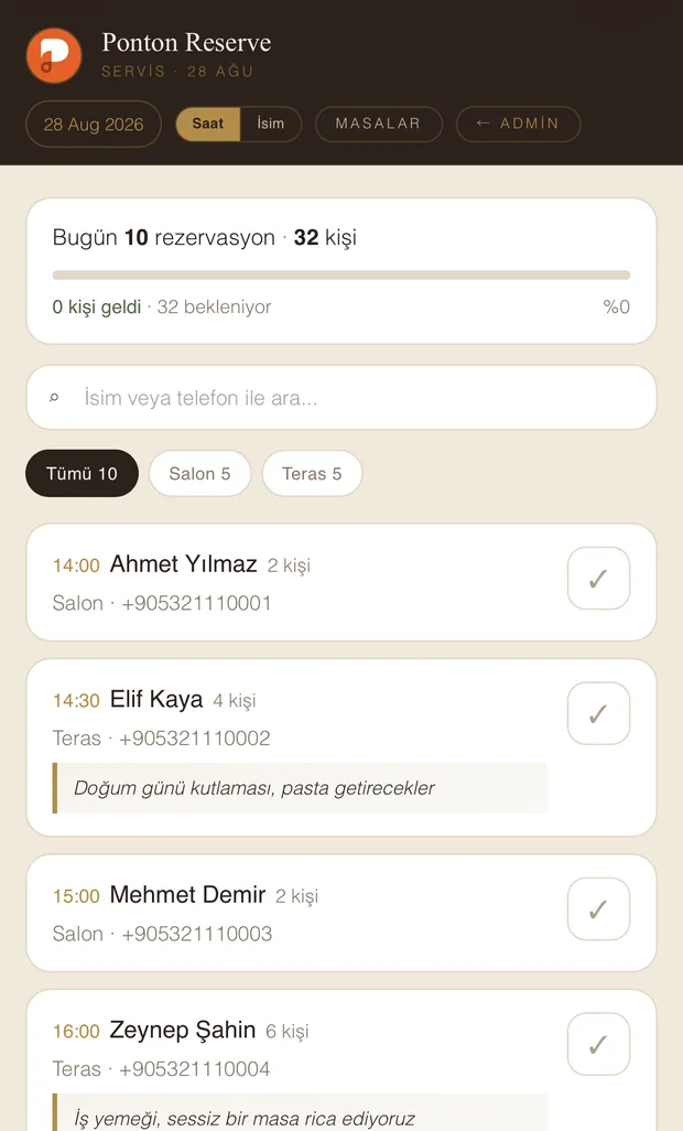 Ponton Reserve — bugünün rezervasyon ve servis listesi